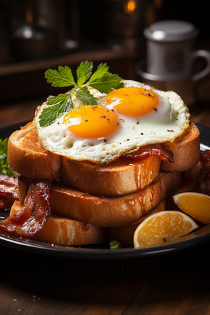 Big plate with french toast with bacon and eggs. AI Generative.