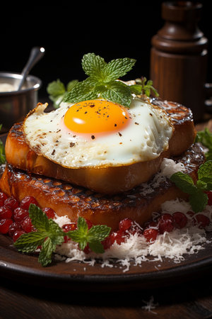 Big plate with french toast with bacon and eggs. AI Generative.
