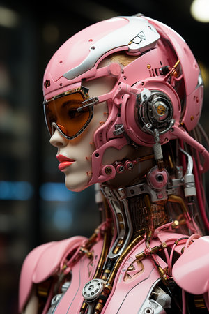 Beautiful young girl in pink futuristic costume. Blue crystal neon light. Young woman in pink helmet, future technology, AI concept. AI Generative.の写真素材