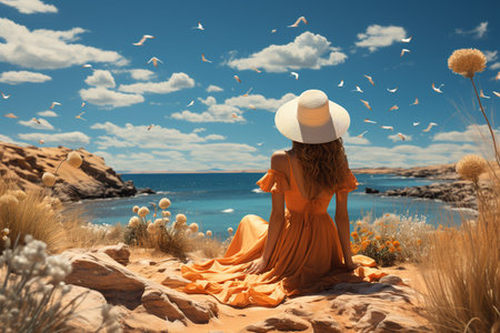 Summer travel concept, sea beach, sun and woman. Happy traveler beautiful woman with hat and dress relaxing in the nature, sea beach background. AI Generative. High quality photoの写真素材