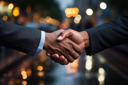 A close-up of a handshake, businessman making handshake with partner in the city for dealing, merger and acquisition concepts. AI Generative.の写真素材