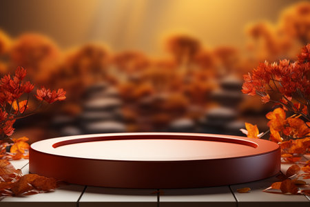 Orange podium display, empty wooden product podium with autumn leaves on forest background. Podium for design, cosmetic and product, presentation, fall concept. Generative AI.の写真素材