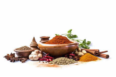 Various spices, peppers and herbs close-up top view. A set of peppers and spices for cooking. AI Generative.の写真素材