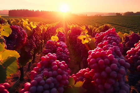Beautiful landscape of grape field growing for wine. Evening sunset scenery with wineyard rows. AI Generative.の写真素材