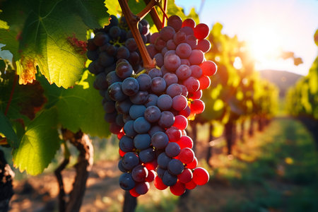 Beautiful landscape of grape field growing for wine. Evening sunset scenery with wineyard rows. AI Generative.の写真素材