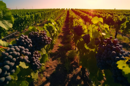 Beautiful landscape of grape field growing for wine. Evening sunset scenery with wineyard rows. AI Generative.の写真素材