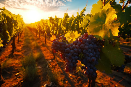 Beautiful landscape of grape field growing for wine. Evening sunset scenery with wineyard rows. AI Generative.の写真素材