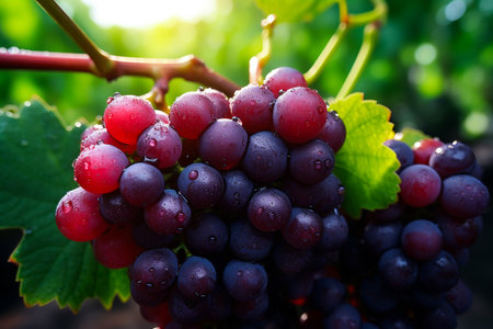 Close up of bunches of ripe black wine grapes at vinneyard. AI Generative.の写真素材