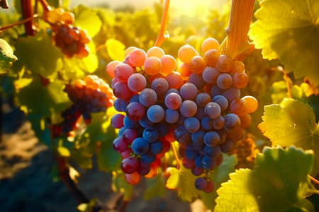 Close up of bunches of ripe black wine grapes at vinneyard. AI Generative.の写真素材
