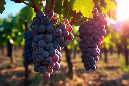 Close up of bunches of ripe black wine grapes at vinneyard. AI Generative.の写真素材