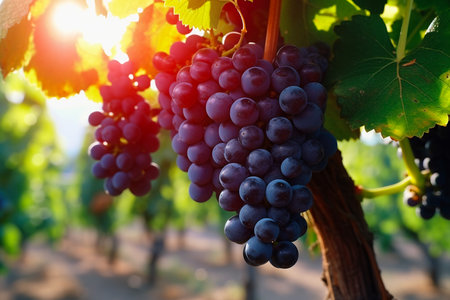 Close up of bunches of ripe black wine grapes at vinneyard. AI Generative.の写真素材