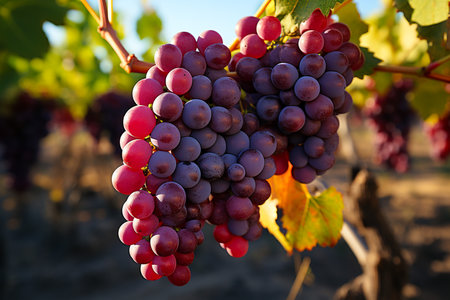Close up of bunches of ripe black wine grapes at vinneyard. AI Generative.の写真素材