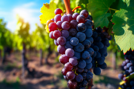 Close up of bunches of ripe black wine grapes at vinneyard. AI Generative.の写真素材