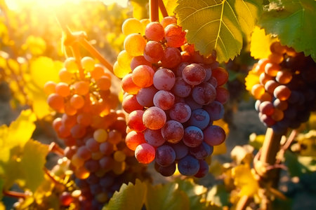 Close up of bunches of ripe black wine grapes at vinneyard. AI Generative.の写真素材
