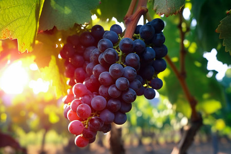 Close up of bunches of ripe black wine grapes at vinneyard. AI Generative.の写真素材