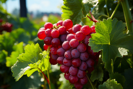 Close up of bunches of ripe black wine grapes at vinneyard. AI Generative.の写真素材