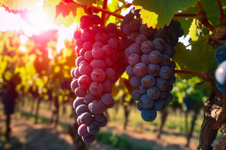 Close up of bunches of ripe black wine grapes at vinneyard. AI Generative.の写真素材