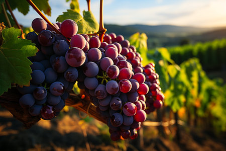 Close up of bunches of ripe black wine grapes at vinneyard. AI Generative.の写真素材