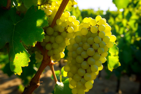 Vineyards with ripe grapes at sunset in autumn harvest. AI Generative.の写真素材
