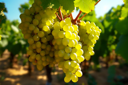 Vineyards with ripe grapes at sunset in autumn harvest. AI Generative.の写真素材