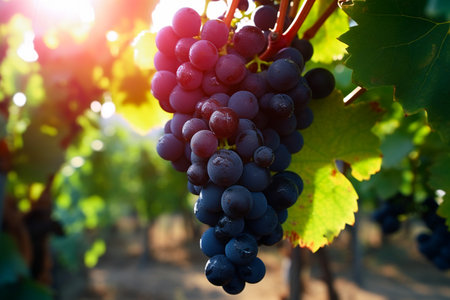 Vineyards with ripe grapes at sunset in autumn harvest. AI Generative.の写真素材
