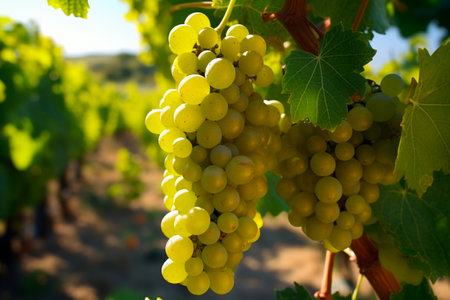 Vineyards with ripe grapes at sunset in autumn harvest. AI Generative.の写真素材