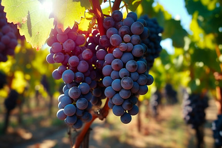 Vineyards with ripe grapes at sunset in autumn harvest. AI Generative.の写真素材