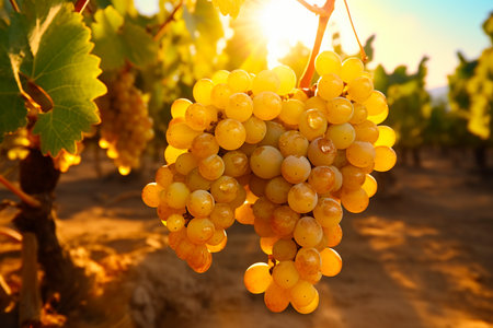 Vineyards with ripe grapes at sunset in autumn harvest. AI Generative.の写真素材