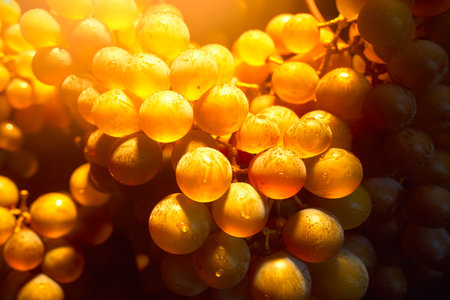 Vineyards with ripe grapes at sunset in autumn harvest. AI Generative.の写真素材