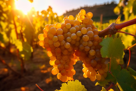 Vineyards with ripe grapes at sunset in autumn harvest. AI Generative.の写真素材