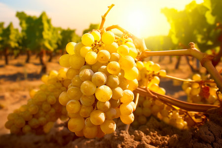 Vineyards with ripe grapes at sunset in autumn harvest. AI Generative.の写真素材