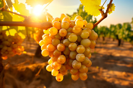 Vineyards with ripe grapes at sunset in autumn harvest. AI Generative.の写真素材