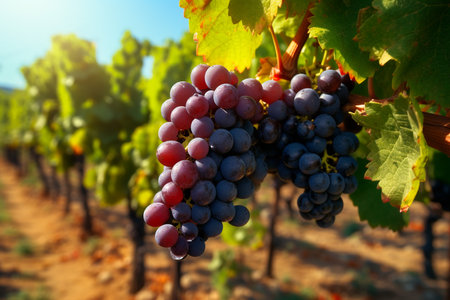 Vineyards with ripe grapes at sunset in autumn harvest. AI Generative.の写真素材