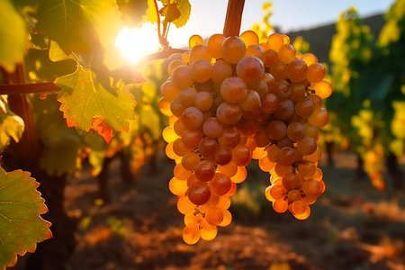 Vineyards with ripe grapes at sunset in autumn harvest. AI Generative.の写真素材