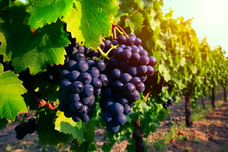 Vineyards with ripe grapes at sunset in autumn harvest. AI Generative.の写真素材