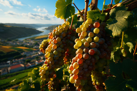 Vineyards with ripe grapes at sunset in autumn harvest. AI Generative.の写真素材