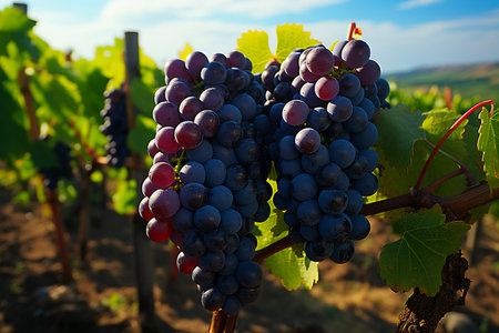 Vineyards with ripe grapes at sunset in autumn harvest. AI Generative.の写真素材