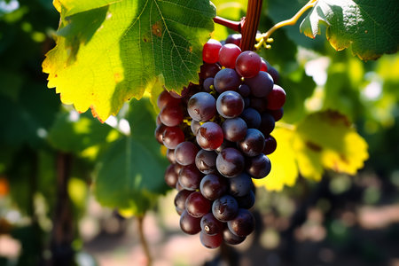 Vineyards with ripe grapes at sunset in autumn harvest. AI Generative.の写真素材