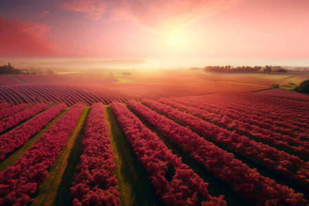 Beautiful landscape of grape field growing for wine. Evening sunset scenery with wineyard rows. AI Generative.の写真素材
