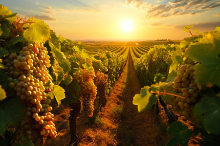 Vineyards with ripe grapes at sunset in autumn harvest. AI Generative.の写真素材