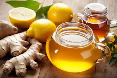 Tea in the glass pot with ginger root, lemon and honey. AI Generative.の写真素材