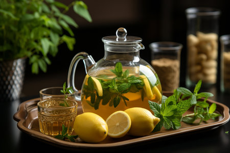 Tea in the glass pot with ginger root, lemon and honey. AI Generative.の写真素材