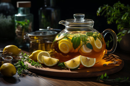 Tea in the glass pot with ginger root, lemon and honey. AI Generative.の写真素材