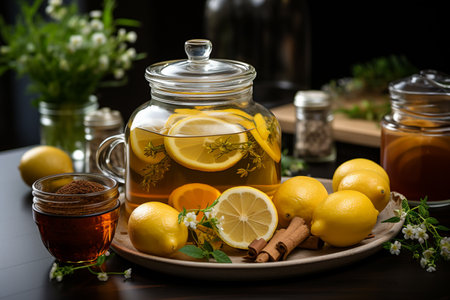 Tea in the glass pot with ginger root, lemon and honey. AI Generative.の写真素材