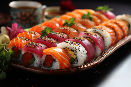 Top view of assorted sushi. Overhead japanese cuisine sushi food. Set maki rolls with salmon, shrimp, crab and avocado tuna. AI Generative.の写真素材