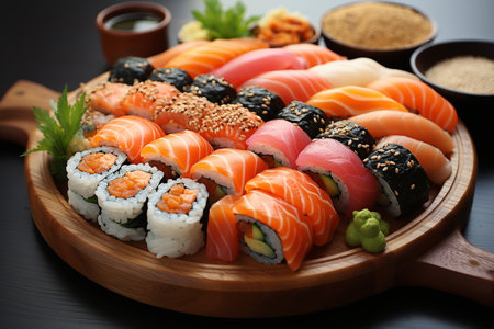 Top view of assorted sushi. Overhead japanese cuisine sushi food. Set maki rolls with salmon, shrimp, crab and avocado tuna. AI Generative.の写真素材