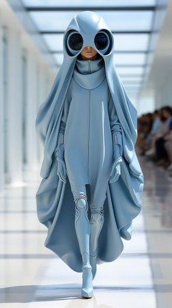A fashion model at a catwalk in futuristic dress during a fashion show or fashion week on blue sky background. AI Generative.の写真素材