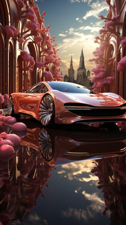 A futuristic luxury car driving through a pastel city at very soft light pastel pink crystal day, futuristic, future tech, made of liquid pastel light metal.AI Generative.の写真素材