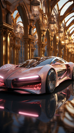A futuristic luxury car driving through a pastel city at very soft light pastel pink crystal day,...