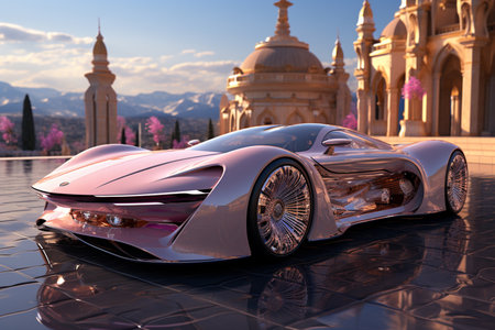 A futuristic luxury car driving through a pastel city at very soft light pastel pink crystal day, futuristic, future tech, made of liquid pastel light metal.AI Generative.の写真素材